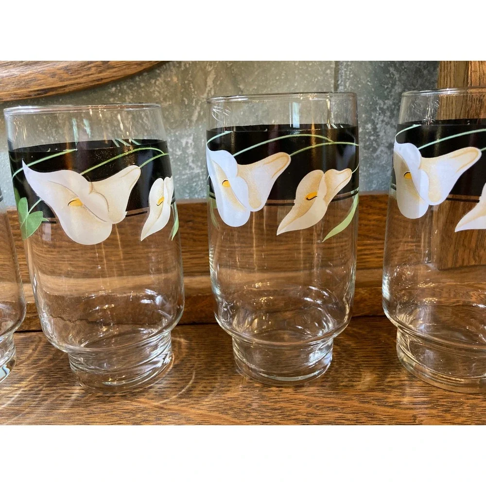 Vintage Calla Lily Highball Glasses Set of 4 Black Band Floral Footed Tumblers
